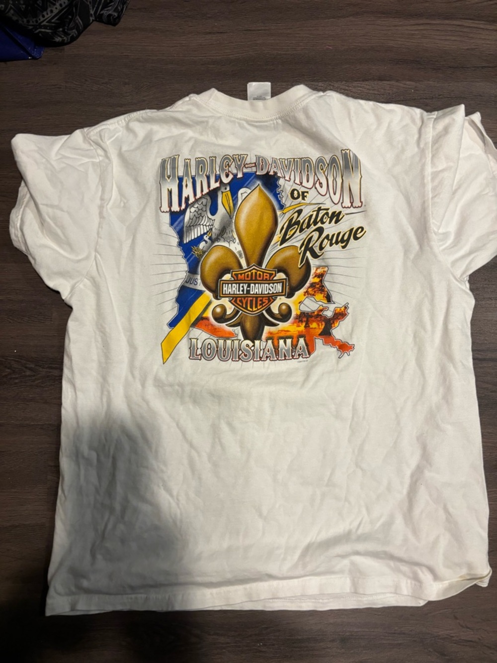 Harley-Davidson White Tee with Orange & Black Eagle Graphic - Picture 2 of 2